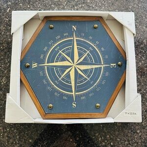 Nautical Compass Wooden Wall Art in Blue and Gold